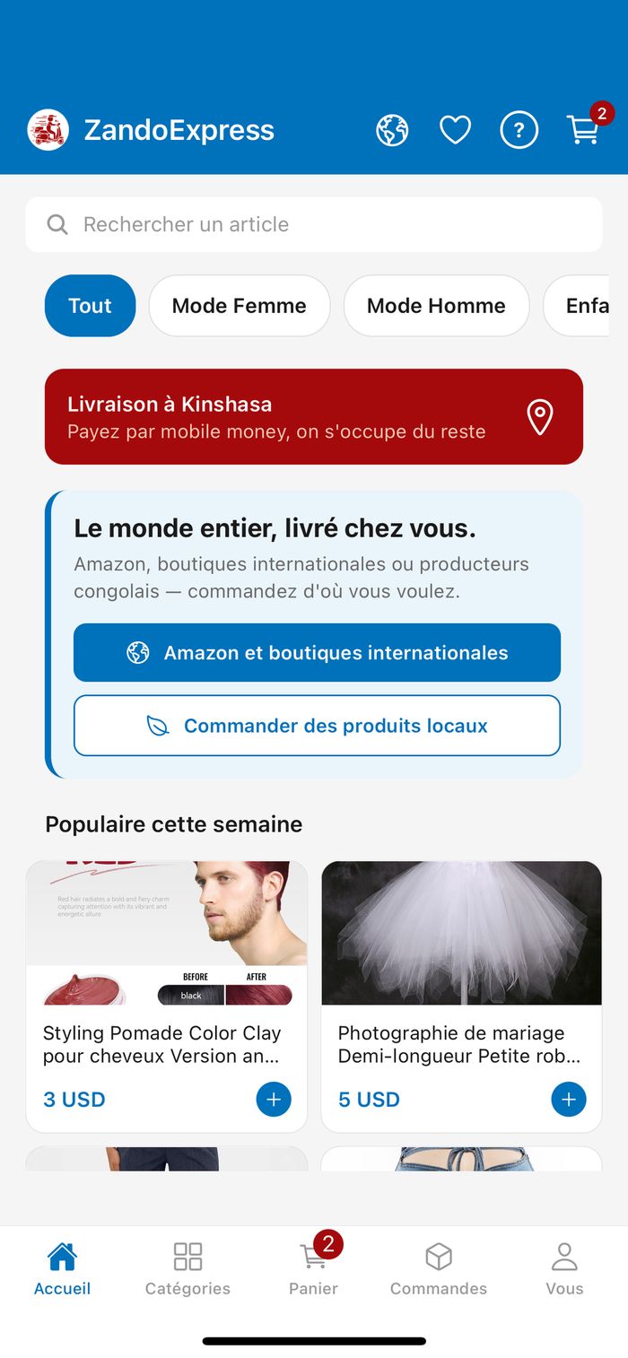 Écran d'accueil ZandoExpress : catalogue, livraison à Kinshasa et boutiques internationales