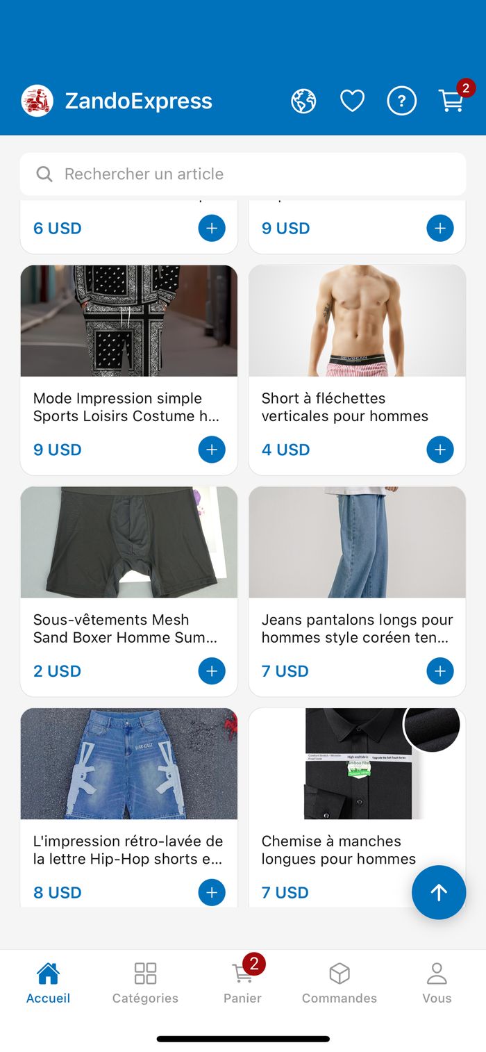 Grille du catalogue ZandoExpress avec prix en USD