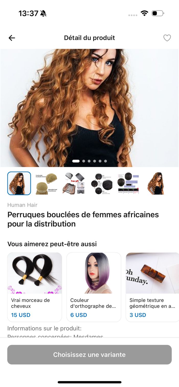 Détail d'un produit avec variantes disponibles sur ZandoExpress