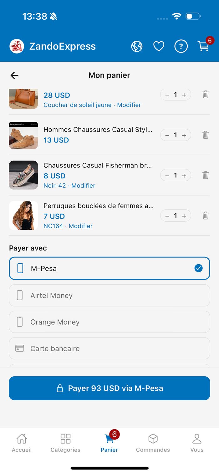 Panier ZandoExpress avec paiement Mobile Money