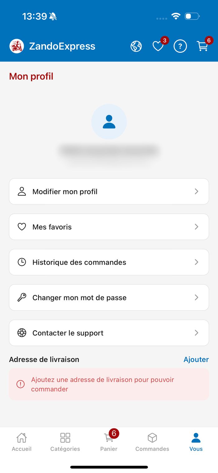Écran de profil ZandoExpress avec historique des commandes